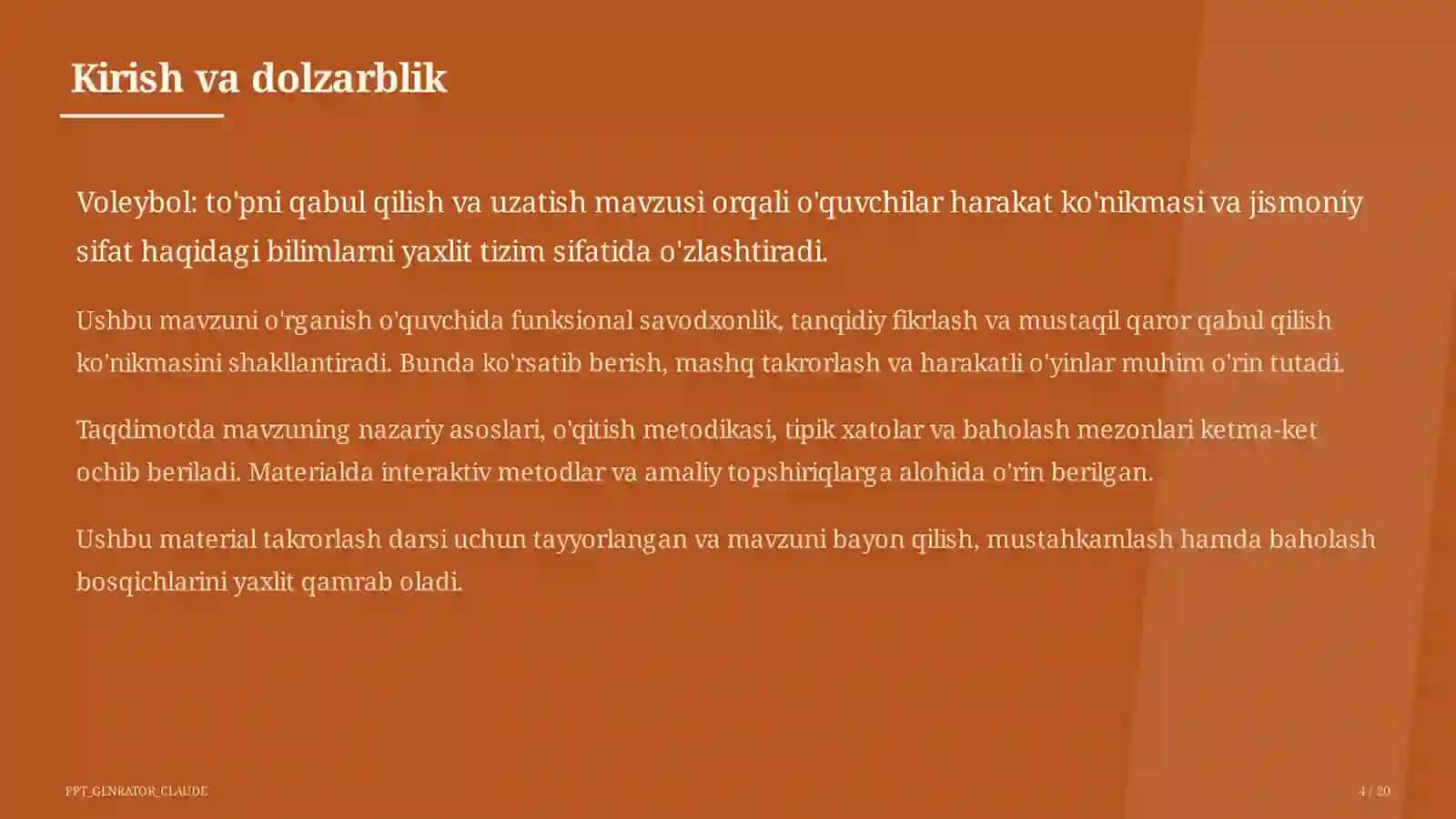 Voleybol: to'pni qabul qilish va uzatish (5-sinf) 4