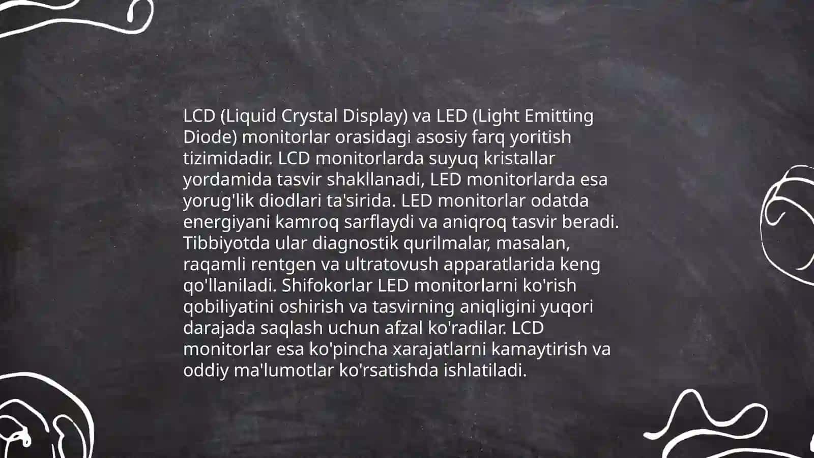 Monitor va sichqoncha qurilamalarining turlari va vazifalari. Tibbiy ta'limda va tibbiyotda kompyuterning qo'shimcha qurilmalarining qo'llanilishi va tabbiq etilishi 4