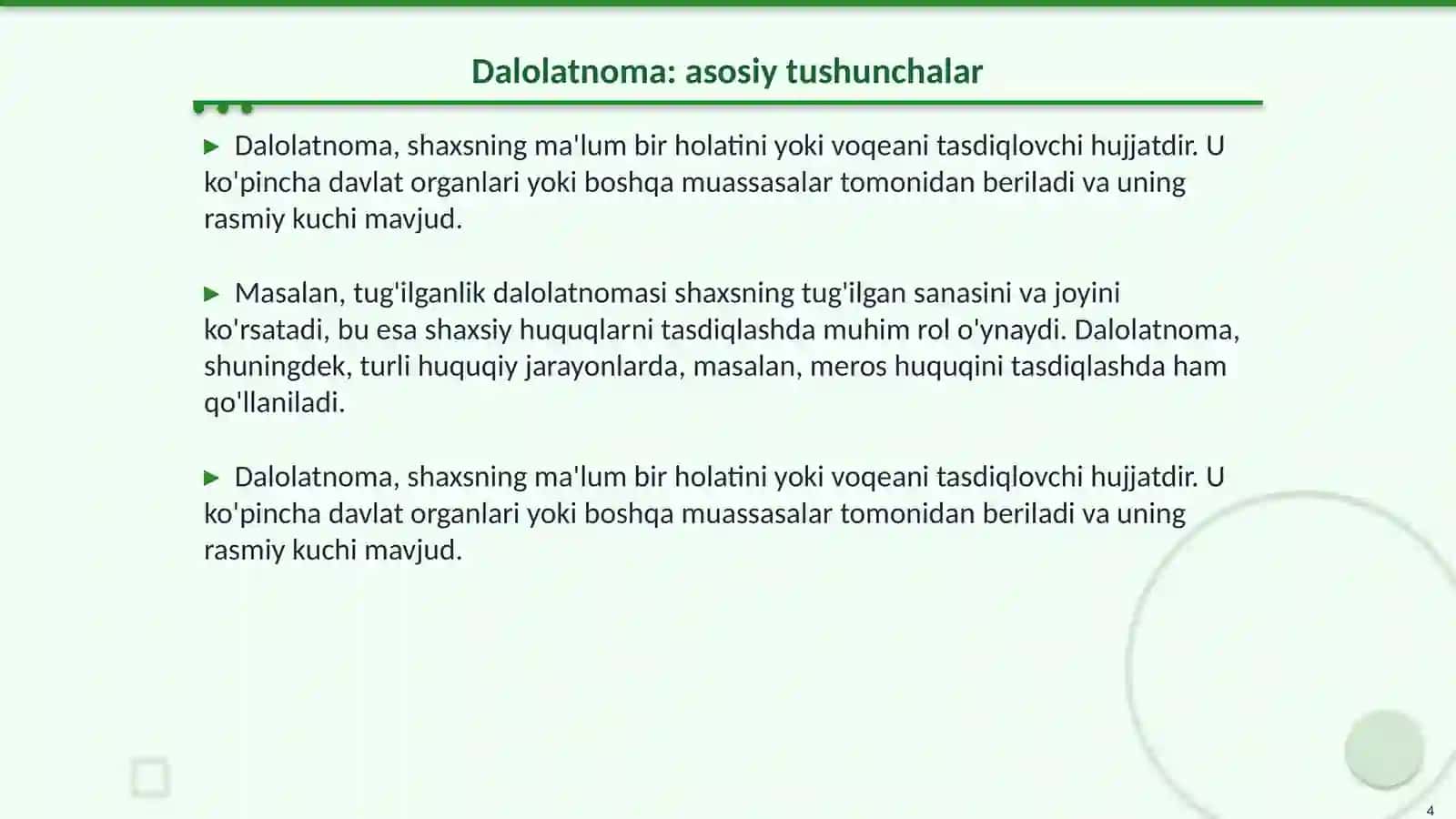 Sohaviy ma'lumot-axborot hujjatlari(dalolatnoma, vasiyatnoma, bayonnoma va bayonnomadan ko'chirma) 4