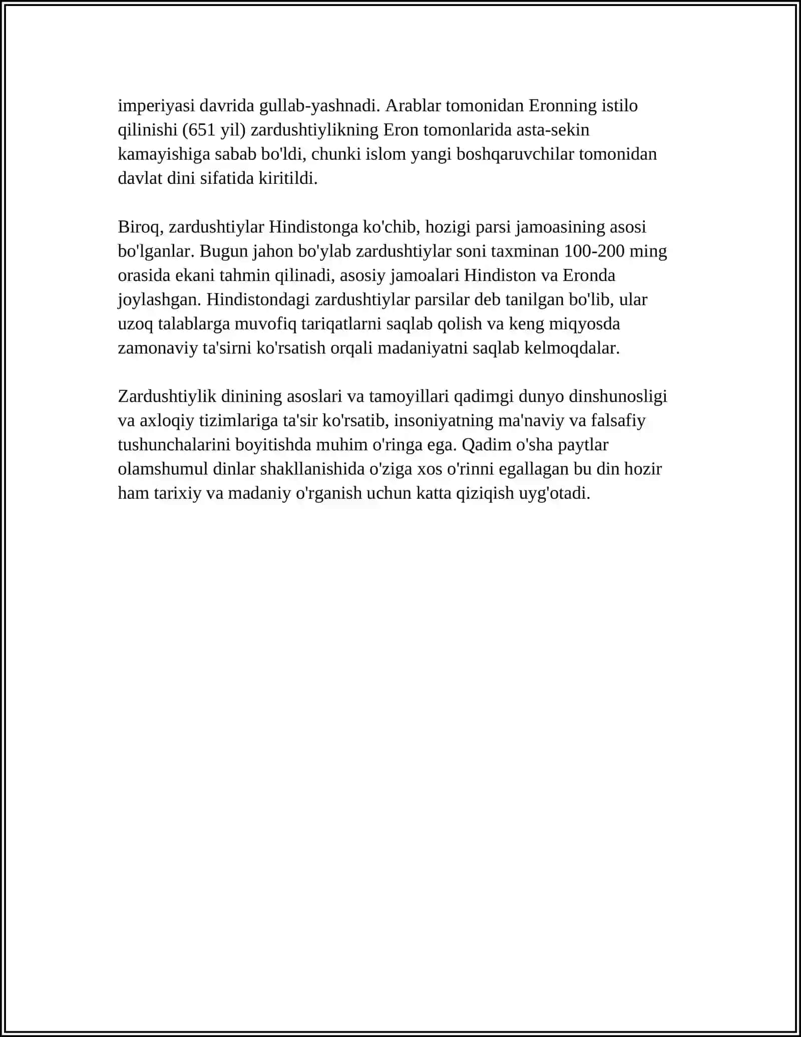 DAVLATCHILIK TUSHUNCHASI. ZARDUSHTIYLIKNING MUQADDAS KITOBNI "AVESTO" DA QADIMGI DAVLATCHILIK TARIXIDAGI OID MALUMOTLAR ULARNING MAZMUNI VA MOHIYATI 4