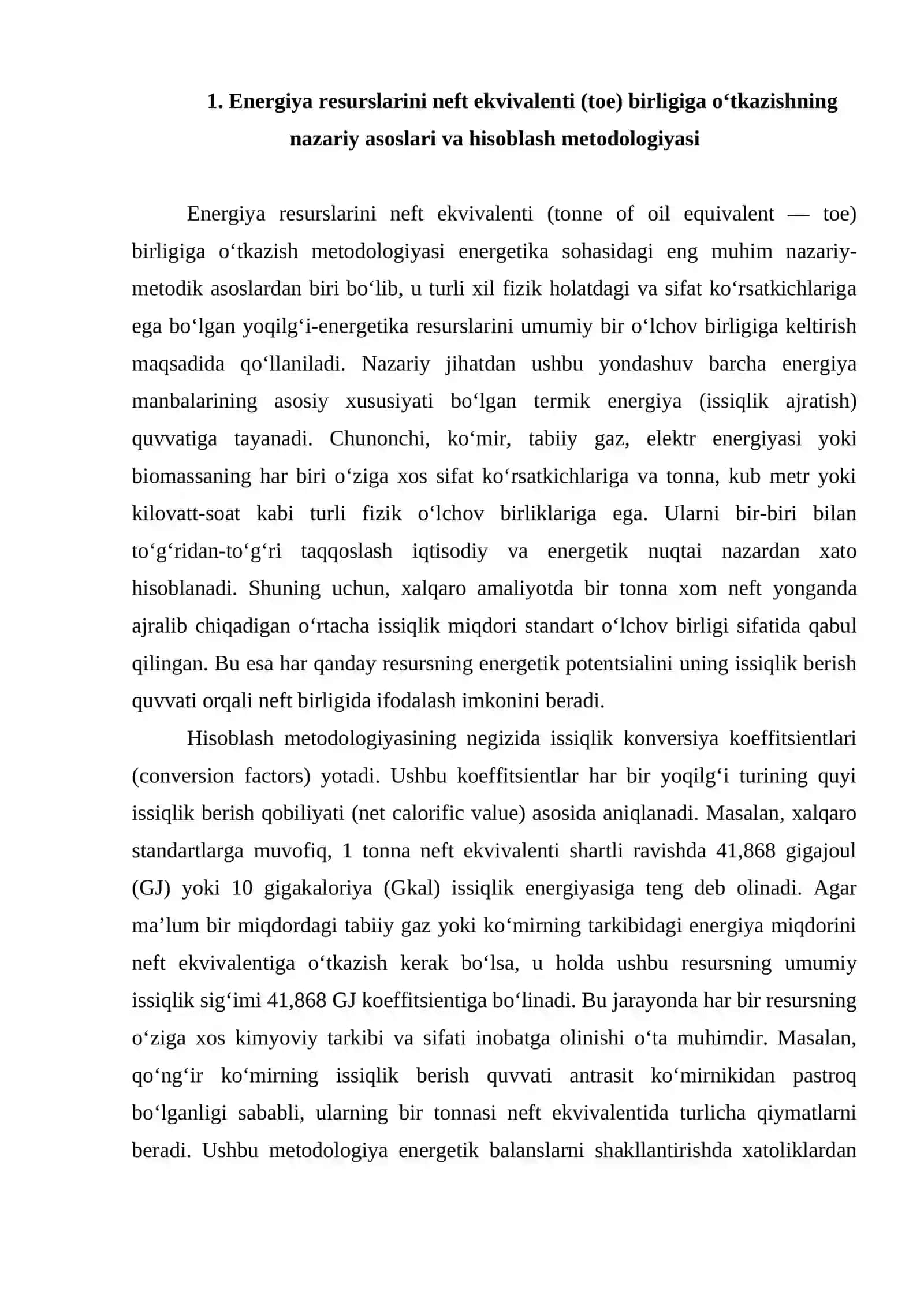 Energiya resurslarini neft ekvivalenti asosida hisoblash usullari va ularning amaliy ahamiyati nimada 4