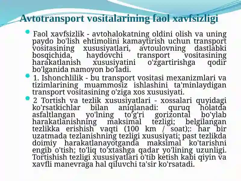 Ma'ruza8.Avtotransportvositalariningkonstruktivxavfsizligi 4