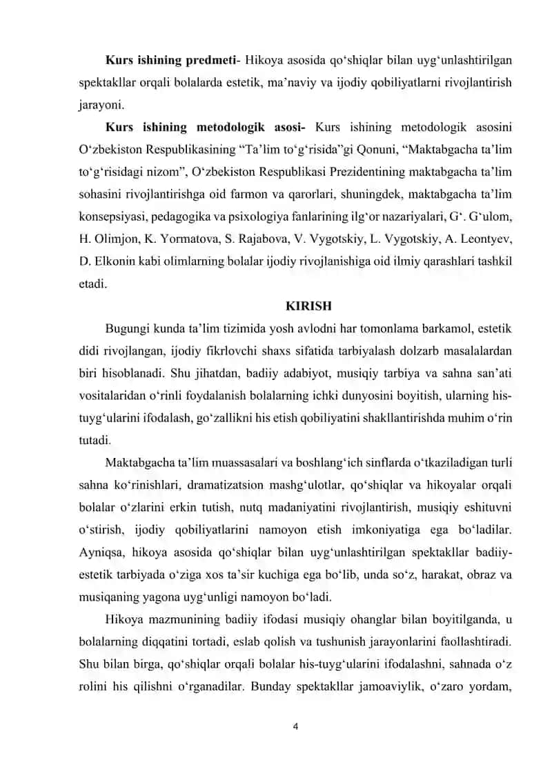 HIKOYA ASOSIDA QO’SHIQLAR BILAN UYG’UNLASHTIRILGAN SPEKTAKLLAR 4