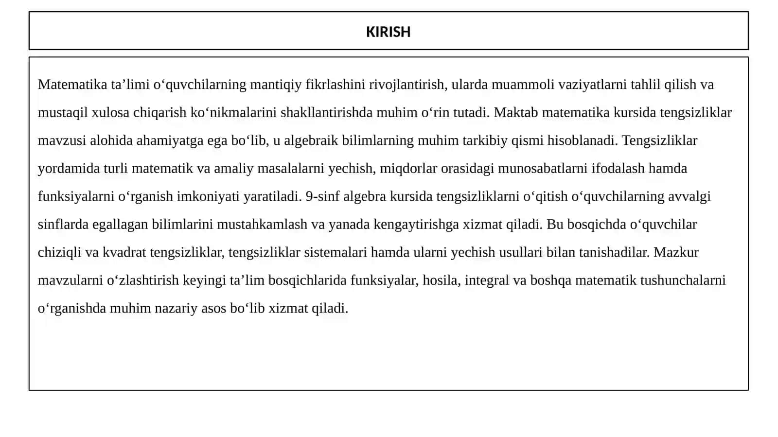 9-sinflarda tengsizliklarni o'qitishning maqsadi va mazmuni 4