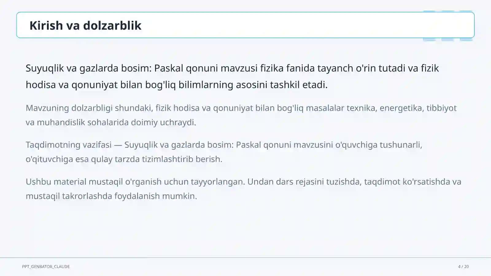Suyuqlik va gazlarda bosim: Paskal qonuni (7-sinf) 4