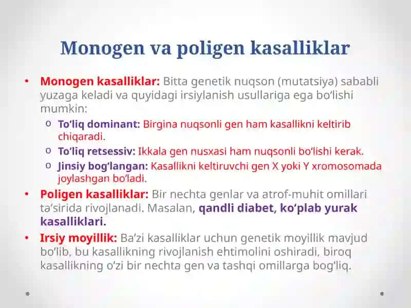 Irsiy kasallikning tasnifi (gen, xromosoma, genom kasalliklari). 4
