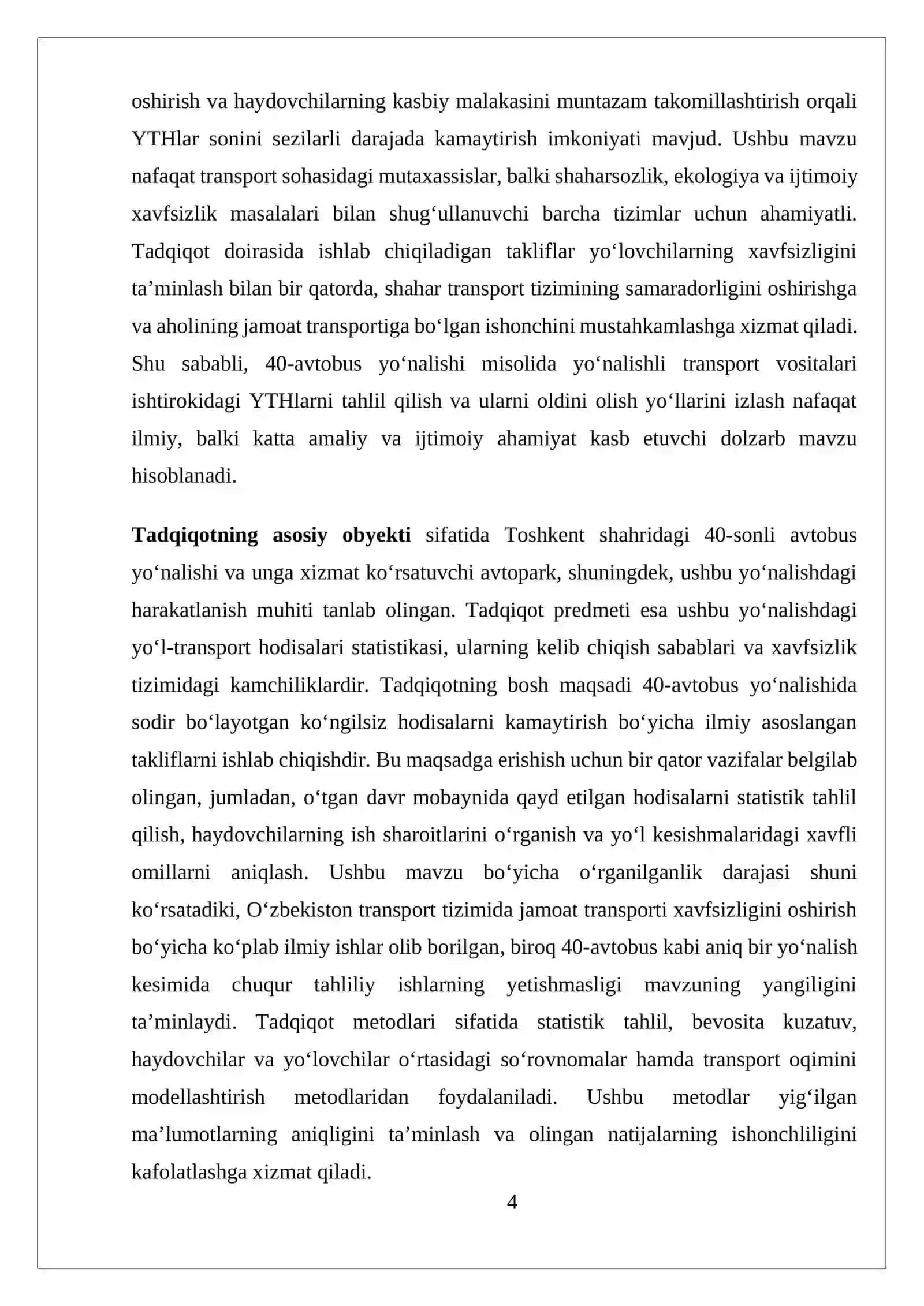 YO’NALISHLI TRANSPORT VOSITALARI ISHTIROKIDA YO’L TRANSPORT HODISALARINI TAHLIL QILISH(40-avtobus yo’nalishi bo’yicha) 4