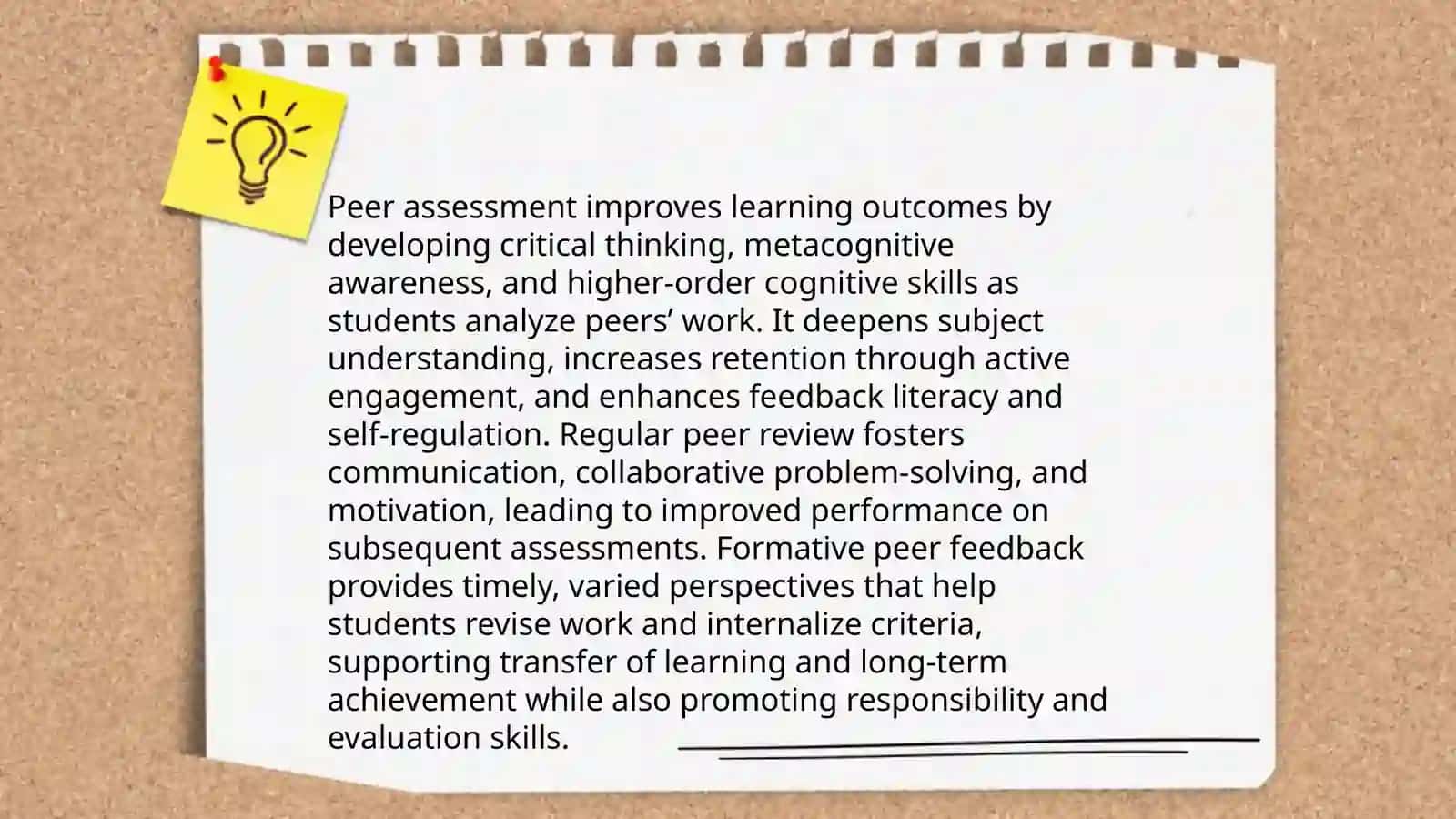 Importance of peer assessment. Benefits of peer assessment. Peer review. Peer assessment is a method  where students evaluate  each other's work providing feedback and grades based on pre-defined criteria . 4