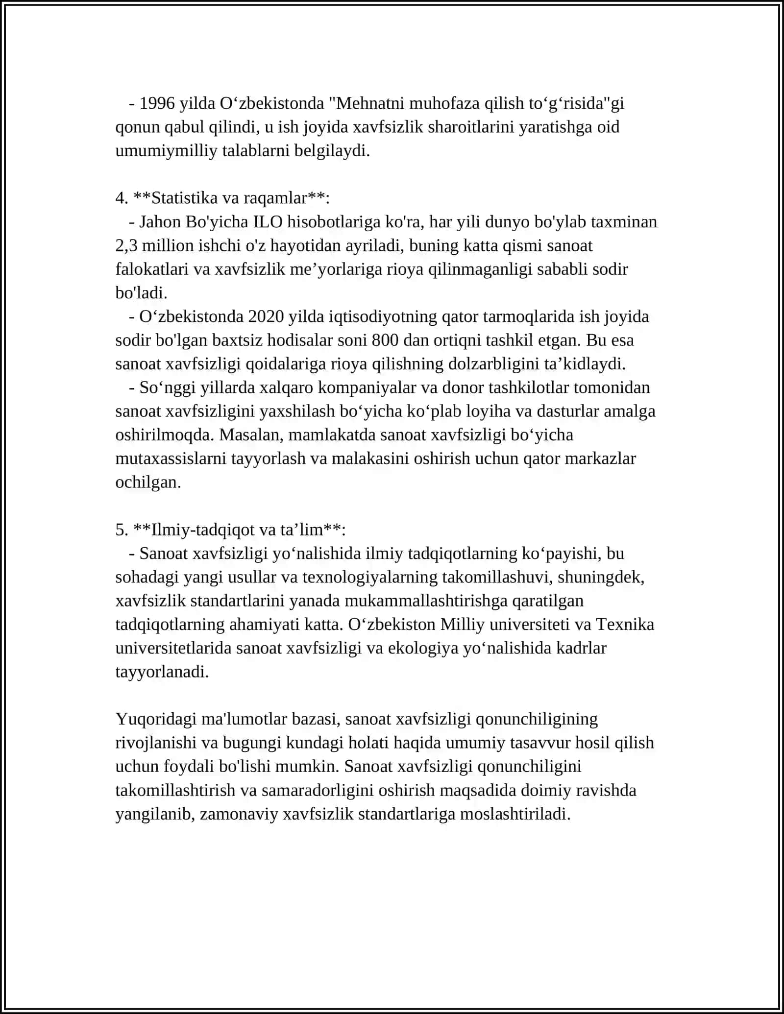MUSTAQIL ISH Mavzu: SANOAT XAVFSIZLIGI PRINTSIPLARI TOʻGʻRISIDAGI OʻZBEKISTON RESPUBLIKASINING QONUN HUJJATLARI 4