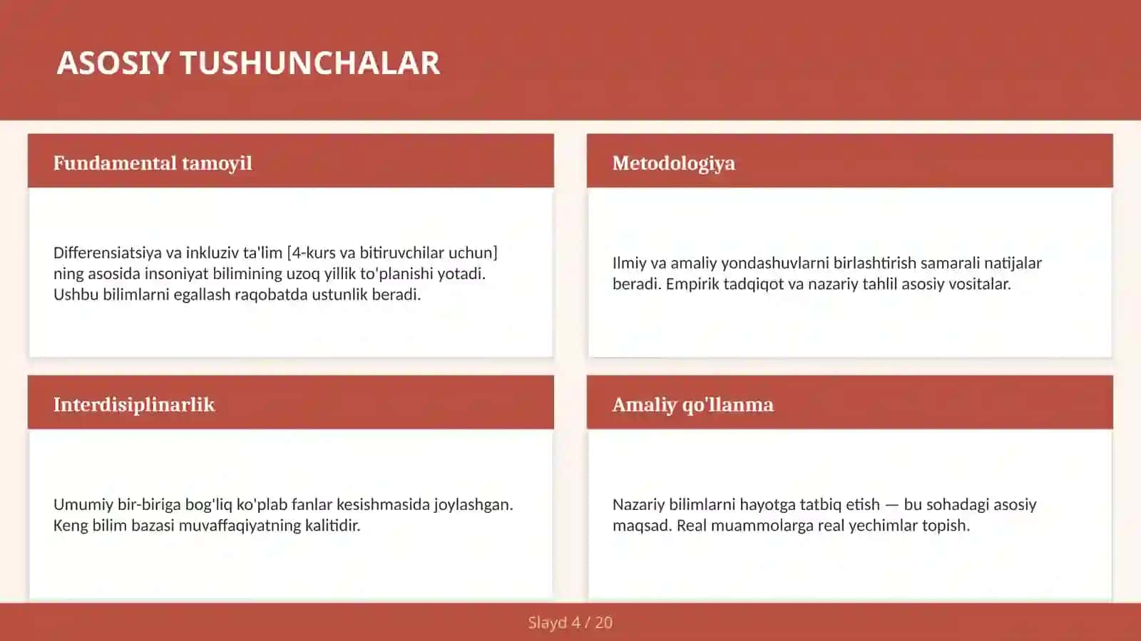 Differensiatsiya va inkluziv ta'lim [4-kurs va bitiruvchilar uchun] 4