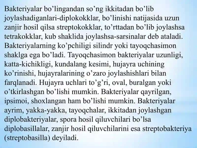 1-mavzu:Sharsimon,tayoqchasimon,egilgan spiralsimon mikroorganizmlar morfologiyasi.Surtma tayyorlash texnikasi.Oddiy va murakkab bo’yash usullari. (Gramm usuli, Sil-Nilson,Burri-Gins, Neysser, Ojeshko, Romanovskiy-Gimza). Stomatologik poliklinikada terapevtik va jarrohlik stomatologik kabinetlari va bo’limlari tashkil etish talablari.Stomatologik bo’limlarda shifoxona ichi infektsiyalari muammolari. 4