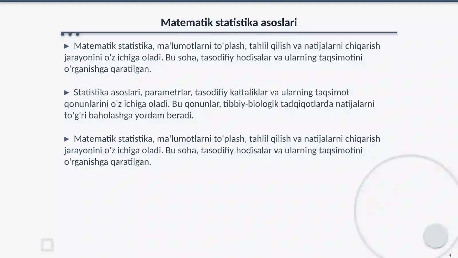 Tibbiy-biologik masala misolida matematik statistika elementlari, general va tanlov majmualar, tasodifiy kattaliklarning taqsimot qonunini yoritib berish 4