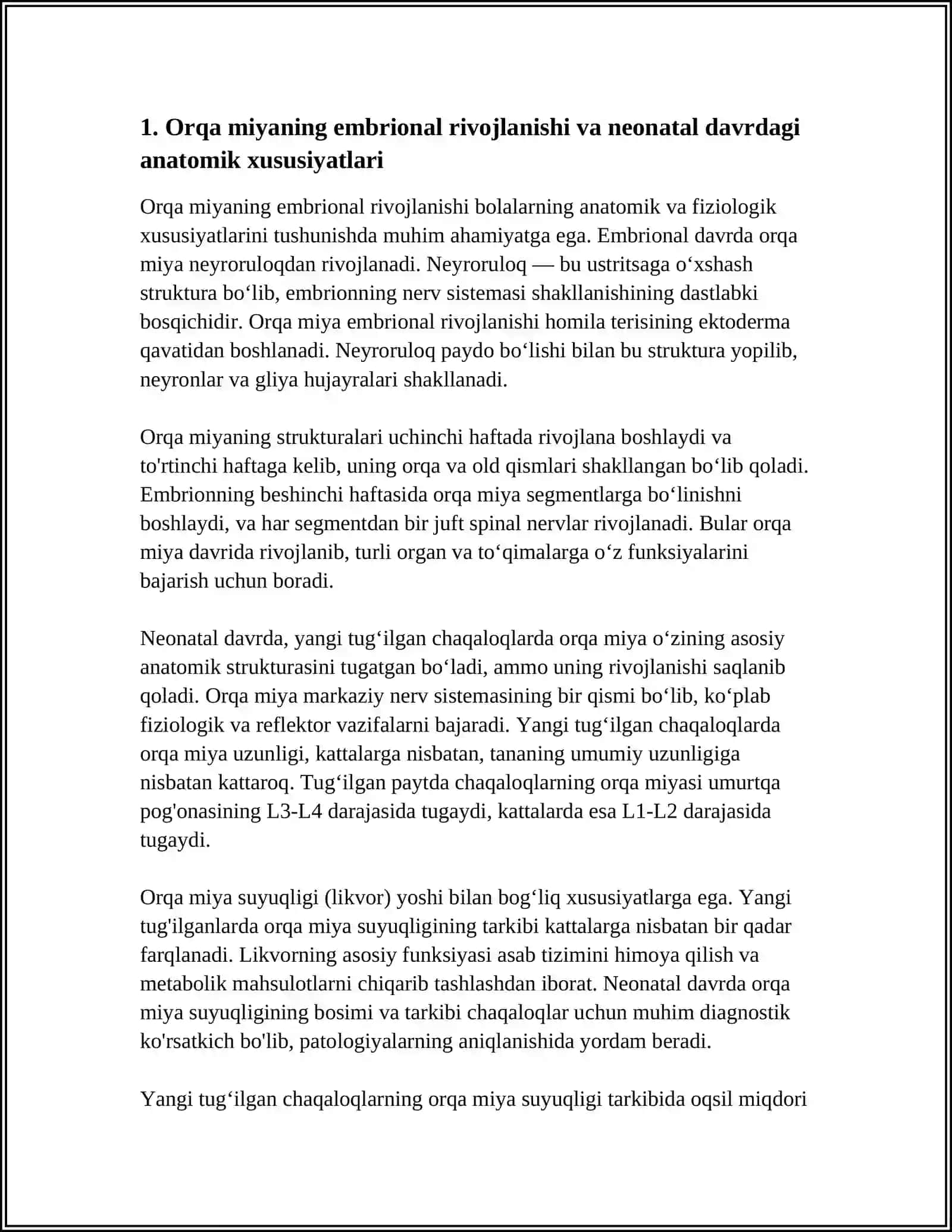 BOLALARDA ORQA MIYA ANOTOMO-FIZIOLOGIK HUSUSIYATLARI. ORQA MIYA SUYUQLIGINING BOLA YOSHIGA MANSUB TARKIBI 4