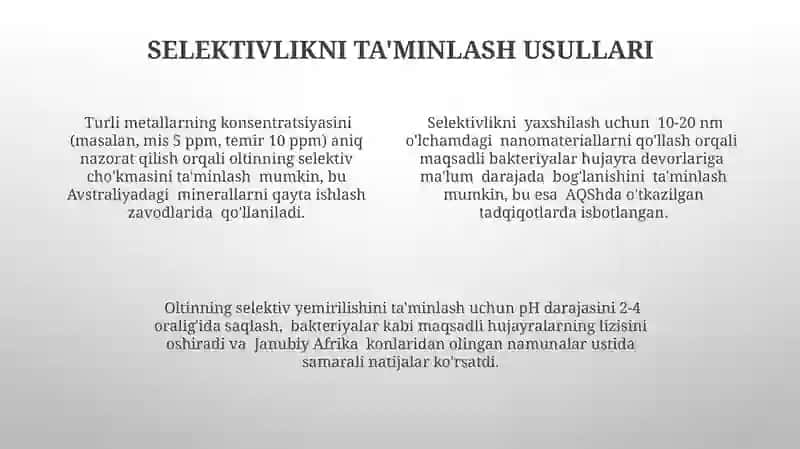 Oltinni mikrobiologik tanlab eritish va cho'ktirishning sharoitlari 4