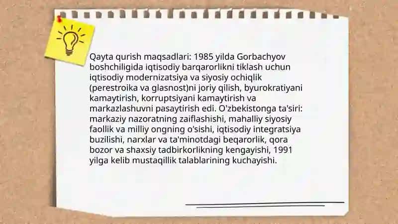 Qayta qurish siyosati O'zbekiston Tarixi fanidan 4