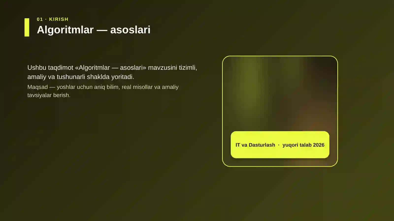 Ushbu taqdimot «Algoritmlar — asoslari» mavzusini tizimli, amaliy va tushunarli shaklda yoritadi 4