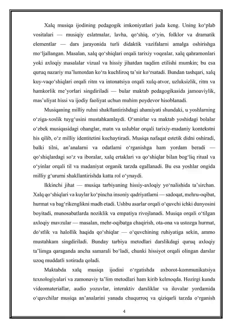 O‘zbek xalq musiqa ijodi fanining-ma’naviy qadriyatlarimizni yoshlar ongida shakllantirish va ularni milliy ruhda tarbiyalashdagi asosiy vazifasi va o‘rni. 4