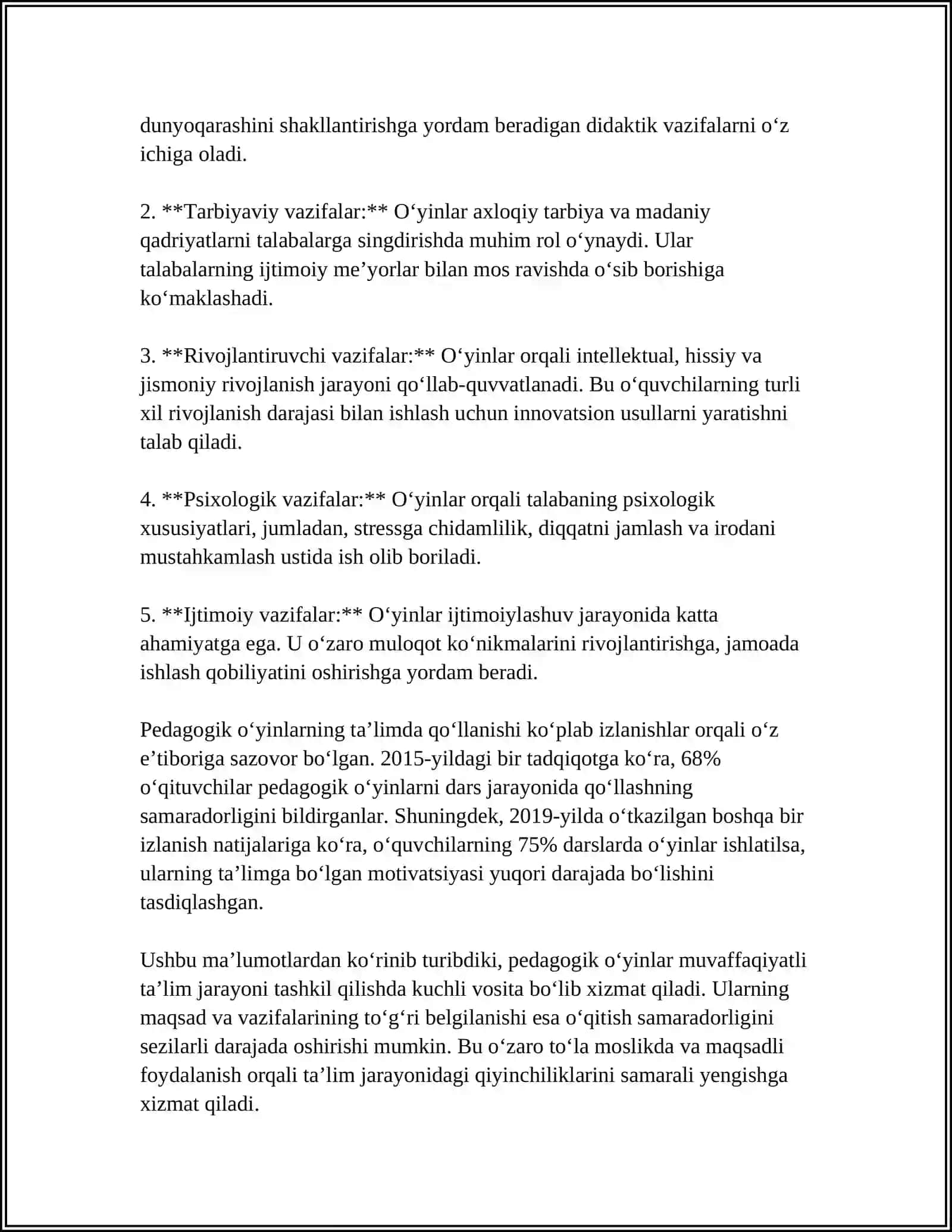 PEDAGOGIK O'YINLAR VA ULARNING TASNIFI.INTERFAOL O'YINLAR VA ULARNI O'TKAZISH QOIDALARI 4