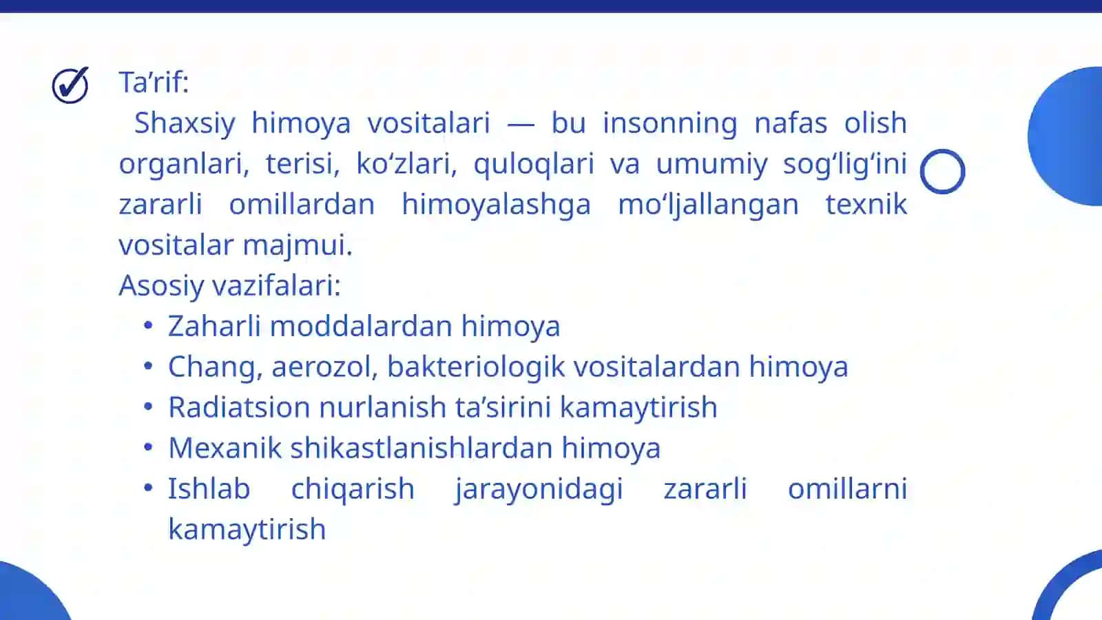Shaxsiy himoya vositalari va ularning turlari, shaxsiy tibbiy va zararlantirish vositalari, bolalarni himoyalashni tashkil etish 4
