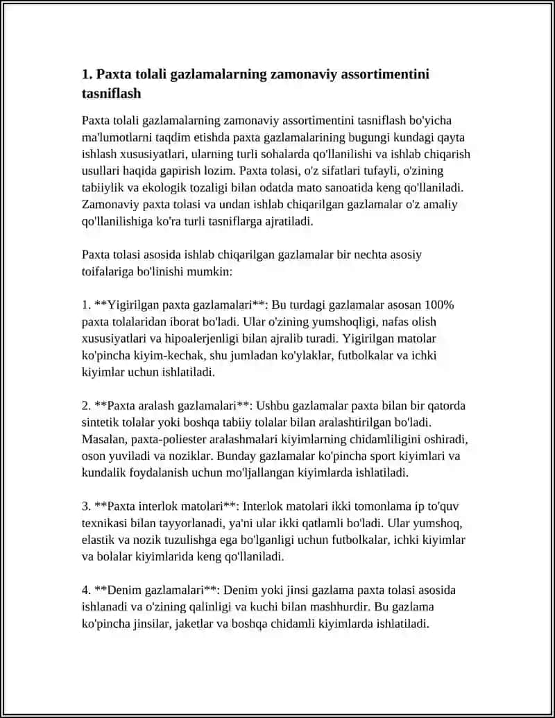 PAXTA TOLALI GAZLAMALARNING ZAMONAVIY ASSARTIMENTLARINI O'RGANISH 4