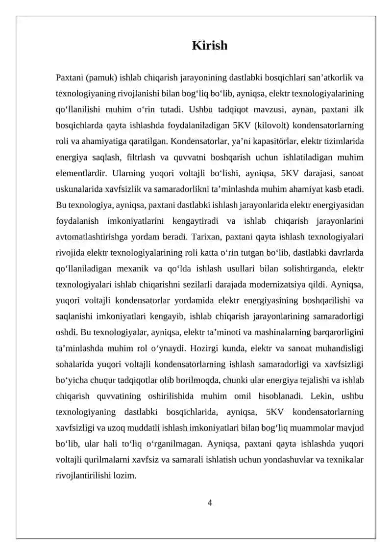 PAXTANI DASTLABKI ISHLASH TEXNOLOGIYASIDAN  5KV KONDENSOR 4
