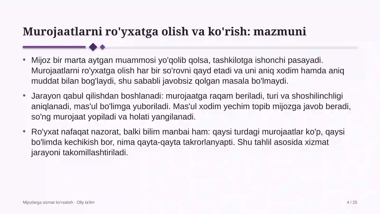 Mijozlarga xizmat ko'rsatish · Oliy ta'lim 4