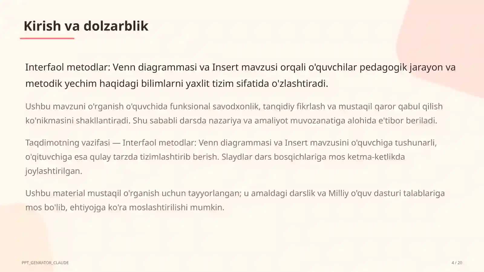 Interfaol metodlar: Venn diagrammasi va Insert 4
