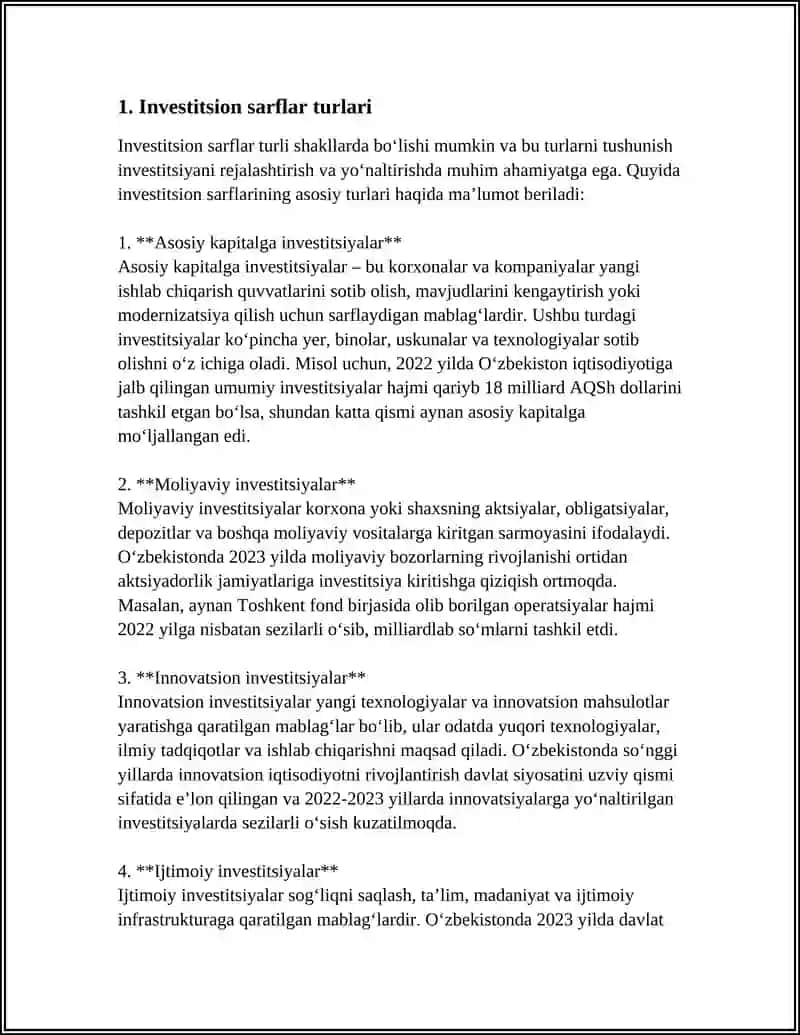 INVESTITSION SARFLAR. ULARDAN KUTILADIGAN FOYDA. EKSPORT VA IMRORT. 4