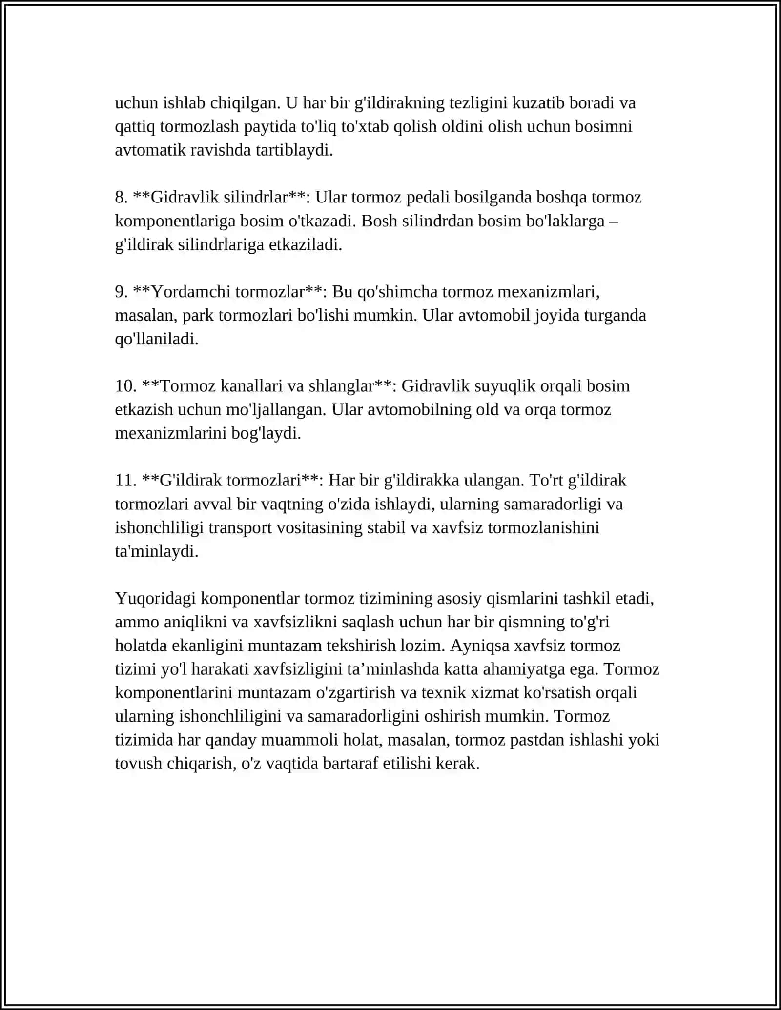 AVTOMOBILNING TORMOZ TIZIMI VA EKSPULUTATSIYON XUSUSIYATI 4