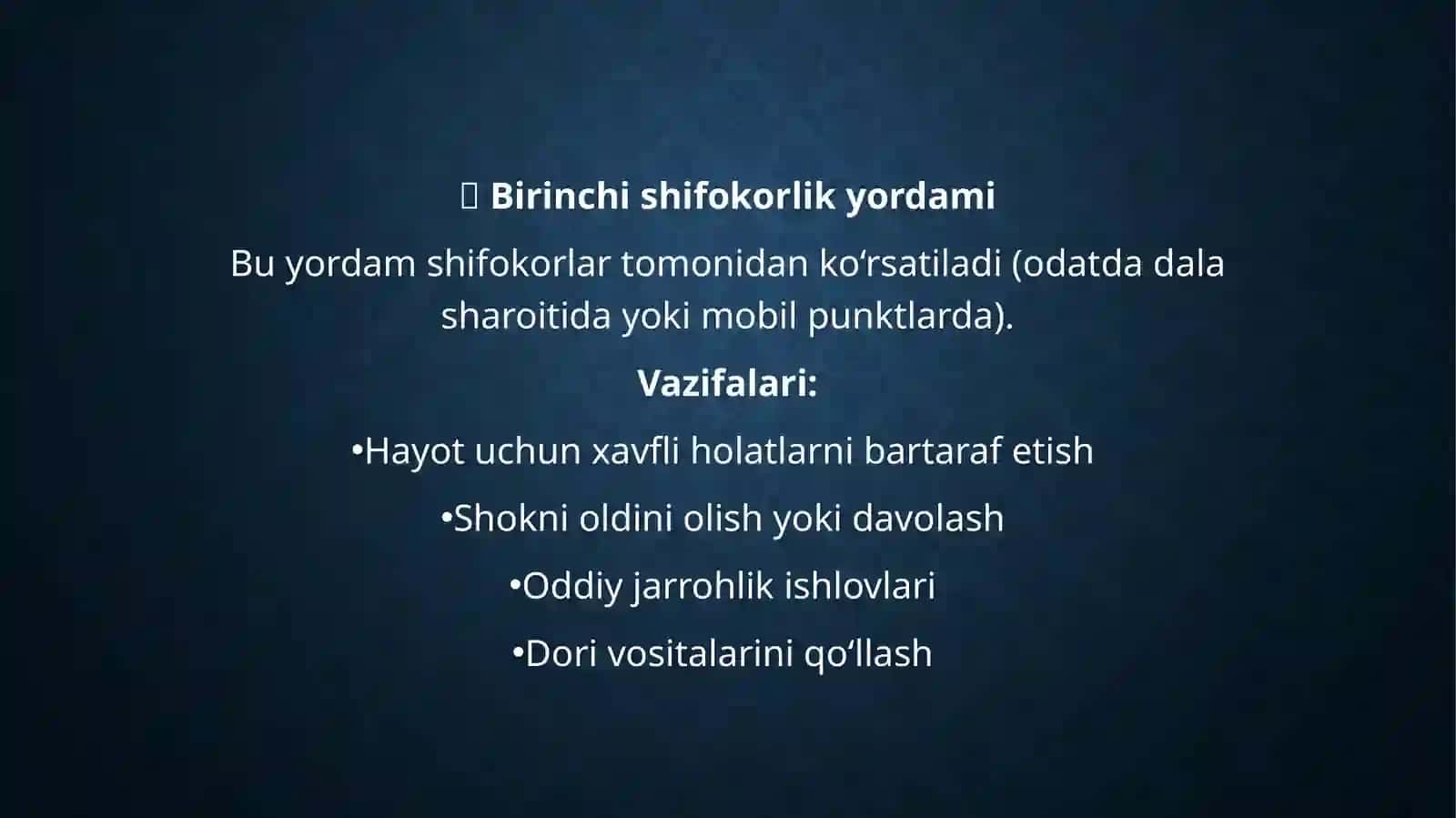Favqulodda vaziyatlarda jabrlanish o'choqlarida tibbiy yordam ko'rsatishni tashkil etish 4