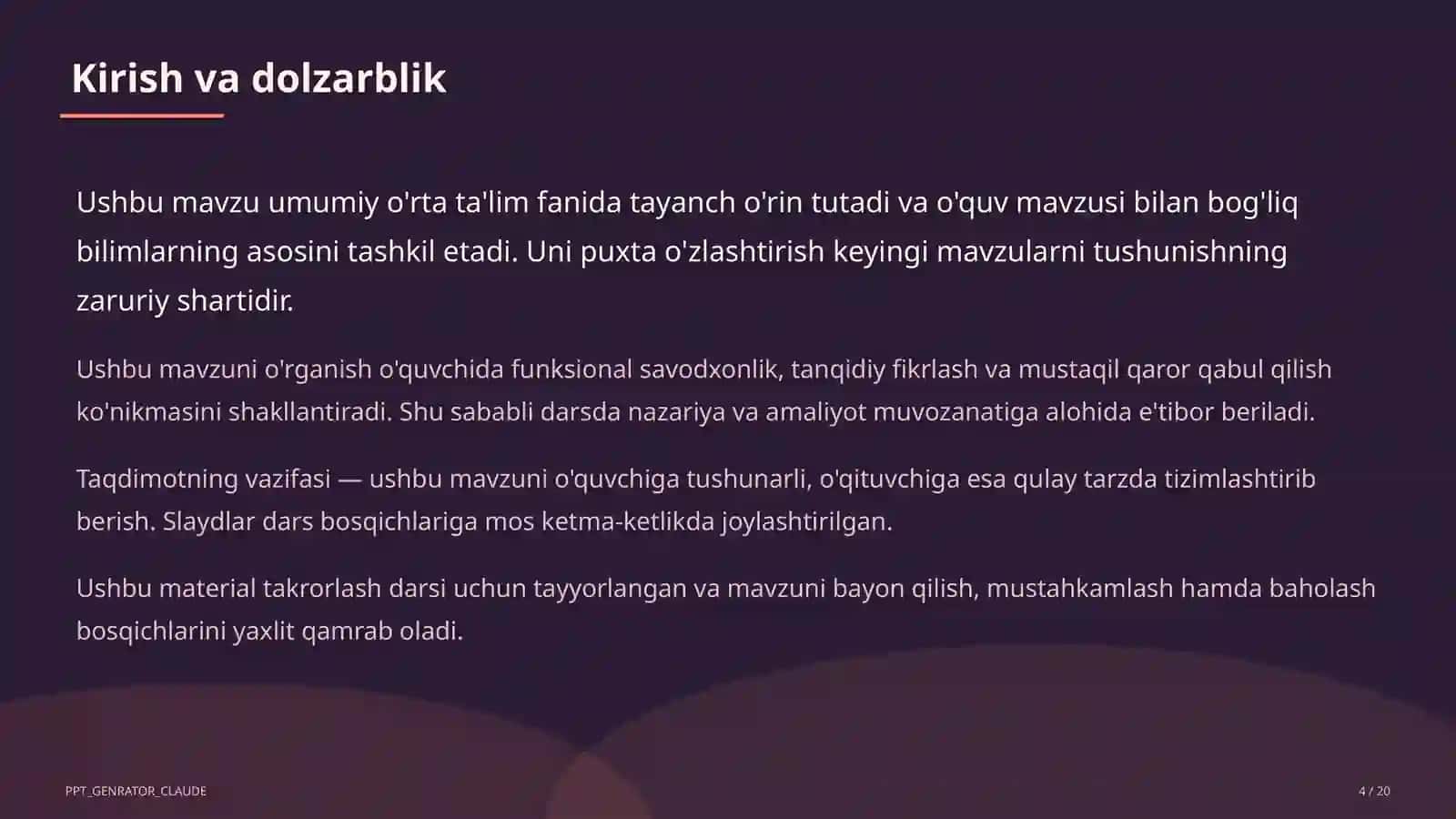 Dolzarb mavzular — maktab va o'qituvchilar (2026) — takrorlash darsi uchun 4