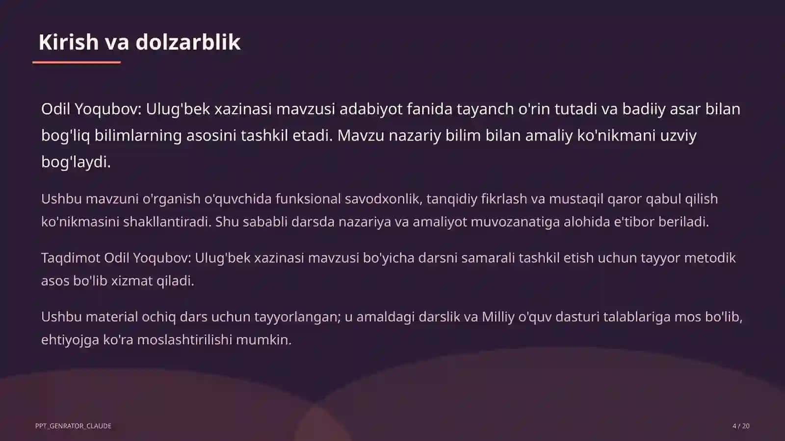 Odil Yoqubov: Ulug'bek xazinasi (8-sinf) 4