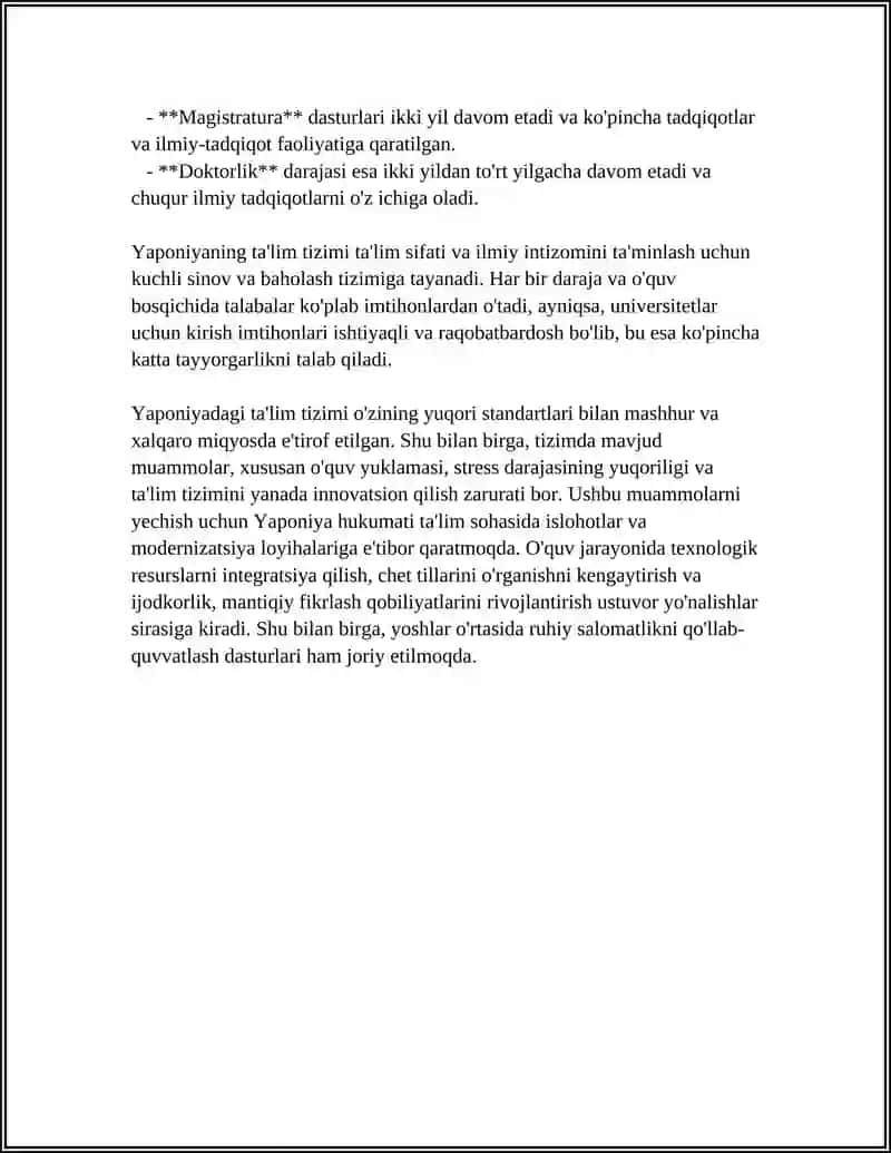 YAPONIYA TALIM TIZIMINING XUSUSIYATLARI. YAPONIYA TA'LIMNING MUAMMOLARI VA REJALARI 4