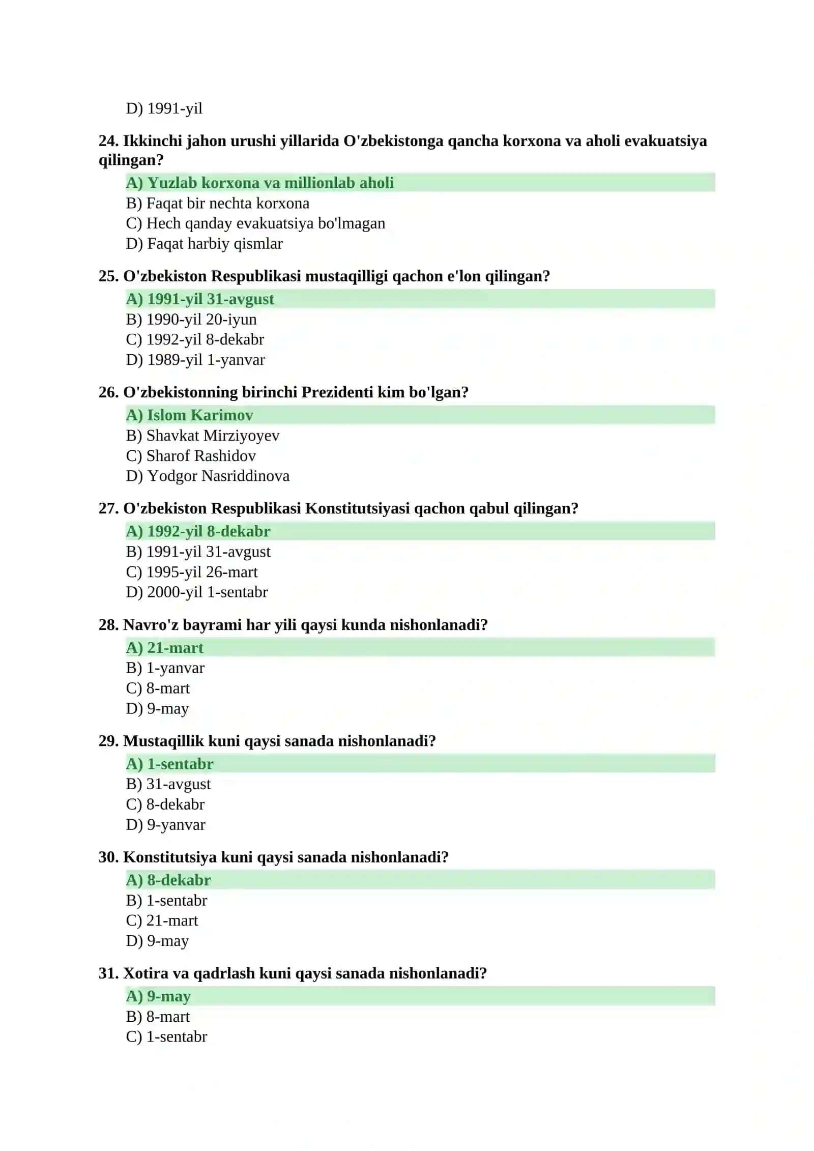 ARGOS test to'plami — Tarix va Umumiy bilim (100 savol, javoblar bilan) 4