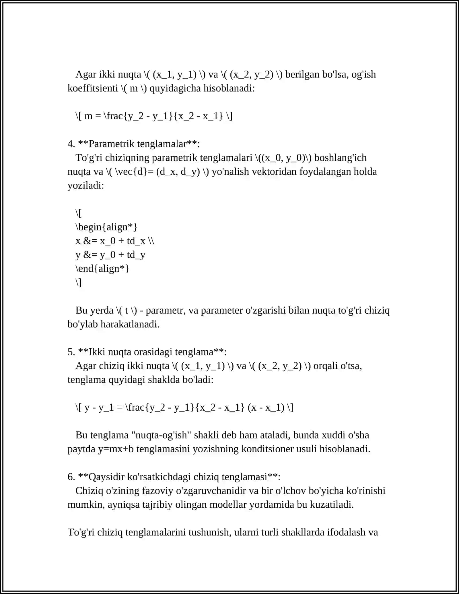 TEKISLIKDA ANALITIK GEOMETRIYANING ASOSIY TUSHUNCHALARIGA DOIR MISOLLAR YECHISH 4
