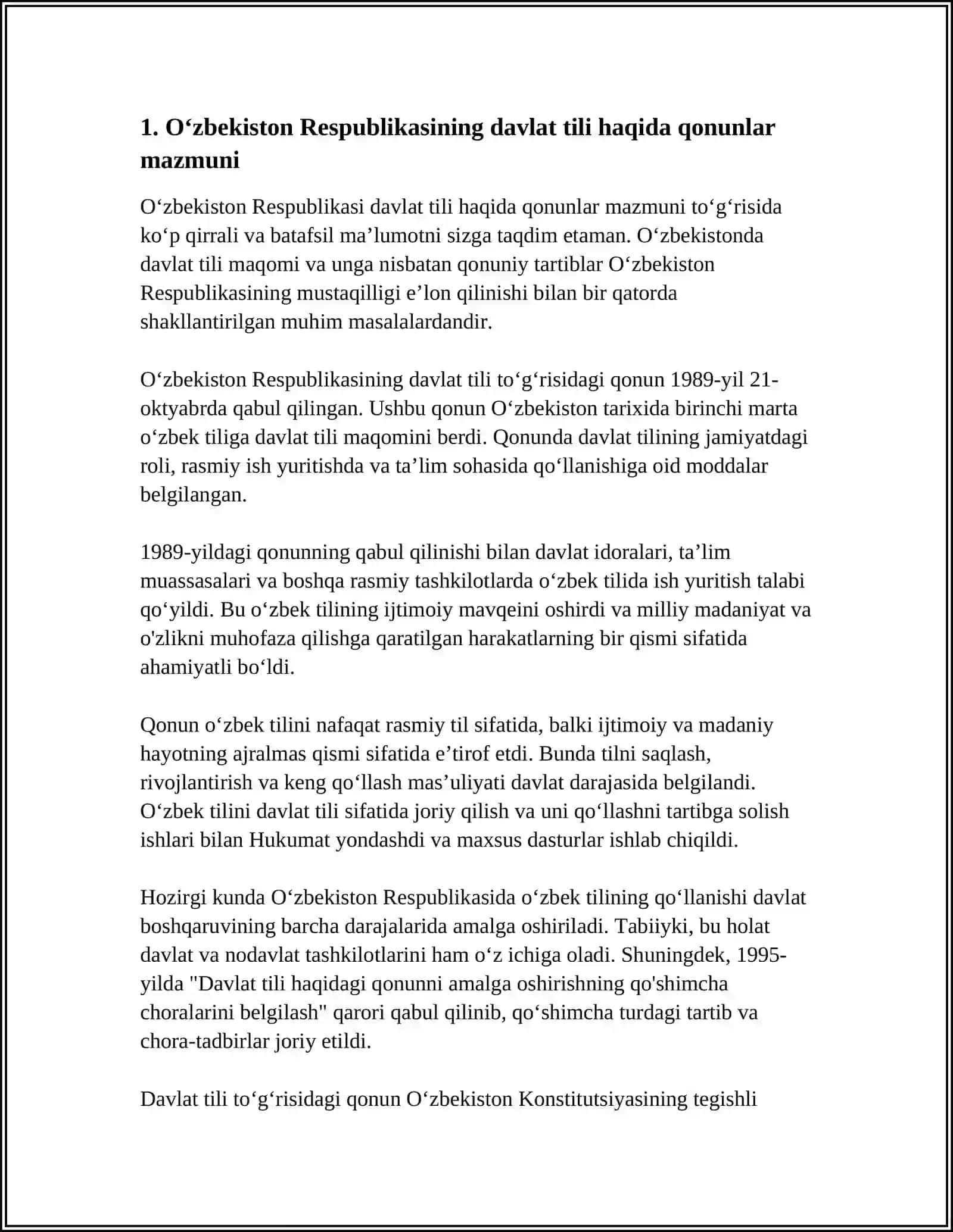 OʻZBEKISTON RESPUBLIKASINING DAVLAD TILI HAQIDAGI QONUNLARI HAMDA KADRLAR TAYYORLASH MILLIY DASTURI KABI HUJATLARDA OZBEK TILINI DAVLAT TILI SIFATIDA OQITISH MASALALARI BOʻYICHA MOLUMOT TOPLASH 4