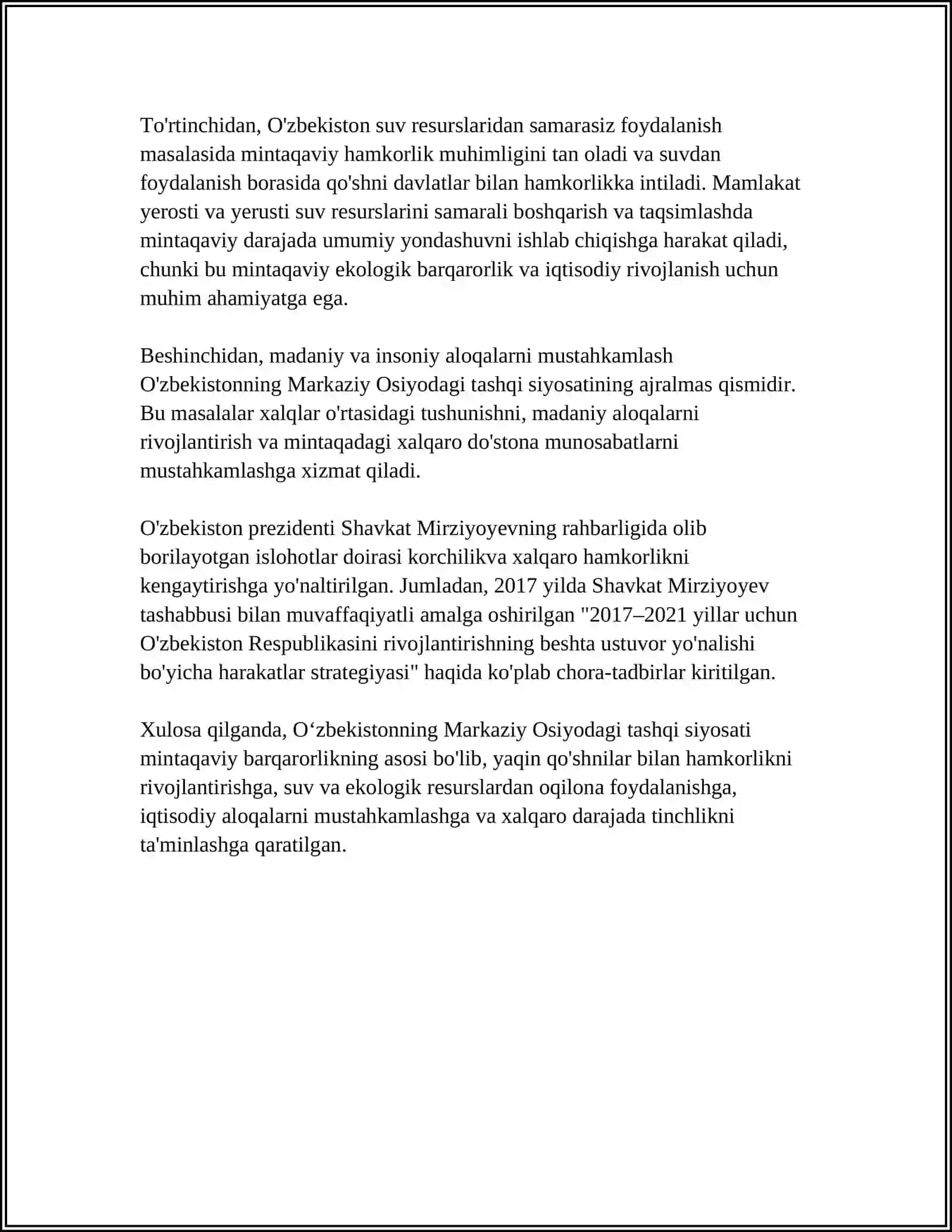 O'zbekiston markaziy Osiyoda tinchlik va barqarorlikni ta'minlash 4