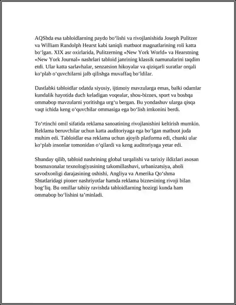 TABLOID NASHRINING PAYDO BO‘LISHI VA RIVOJLANISHI IXTIYORIY TANLANG GAZETA MISOLIDA 4