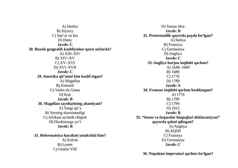 JAHON TARIXI TESTLARI (120 ta) 4