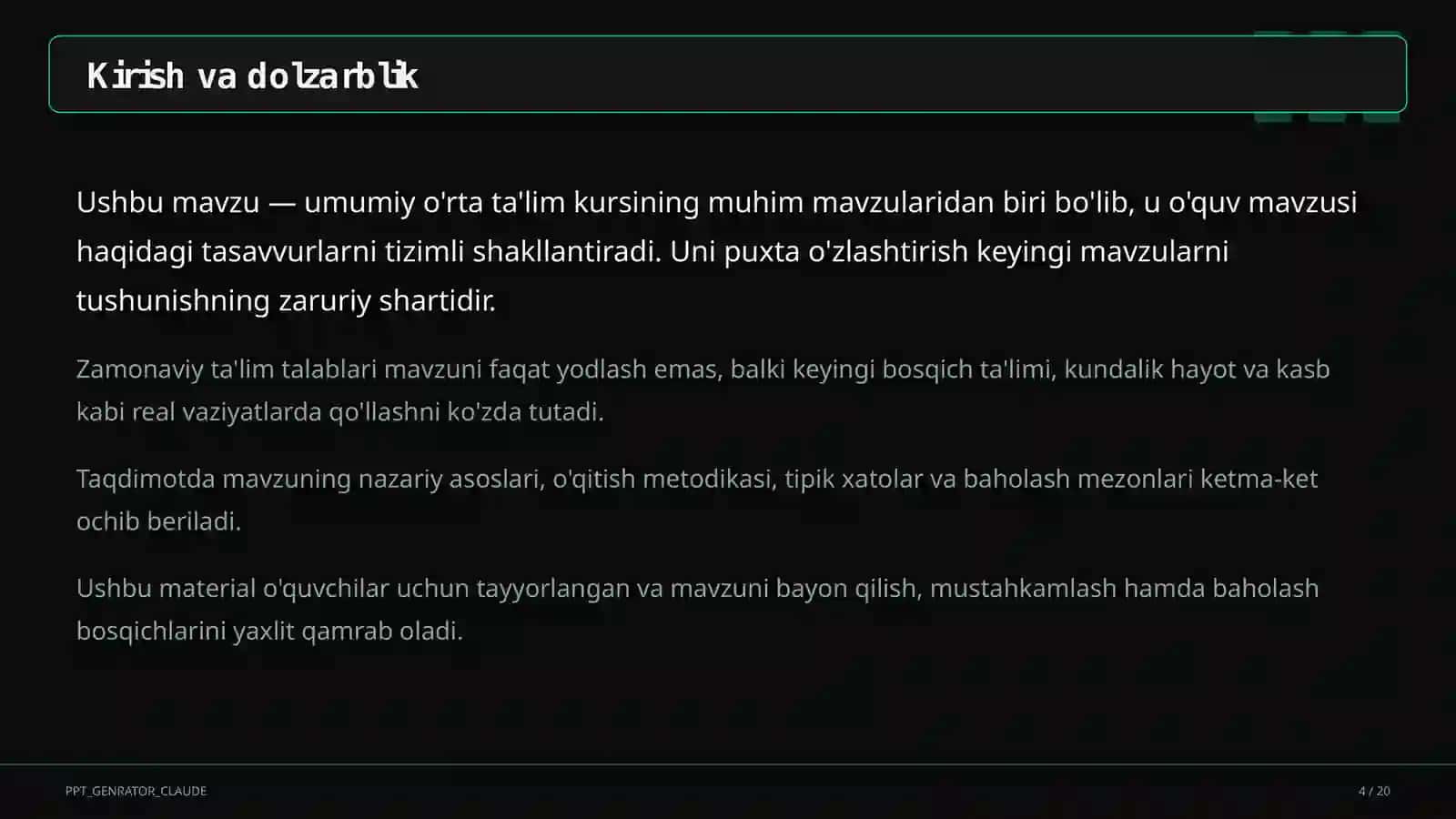 Dolzarb mavzular — maktab va o'qituvchilar (2026) — o'quvchilar uchun 4