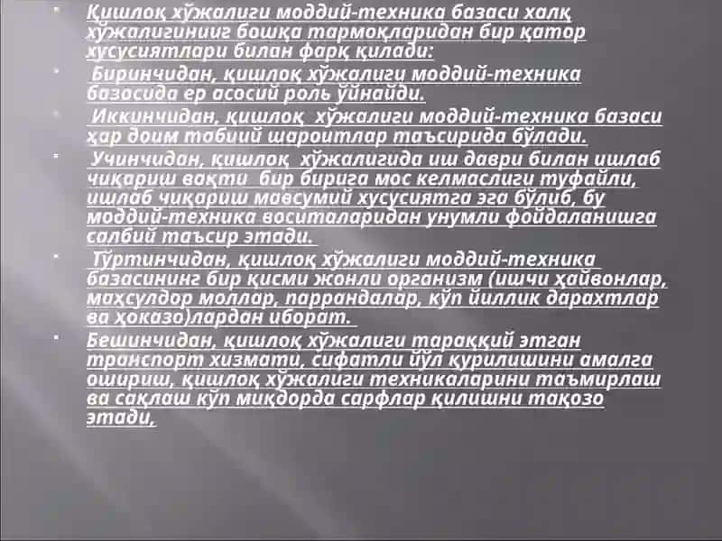ҚИШЛОҚ ХЎЖАЛИГИда МОДДИЙ-ТЕХНИКА РЕСУРСЛАРИ ва улардан фойдаланиш самарадорлиги 4