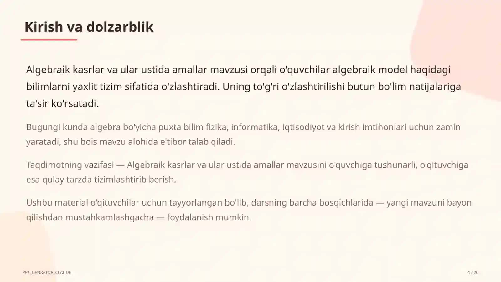 Algebraik kasrlar va ular ustida amallar (8-sinf) 4