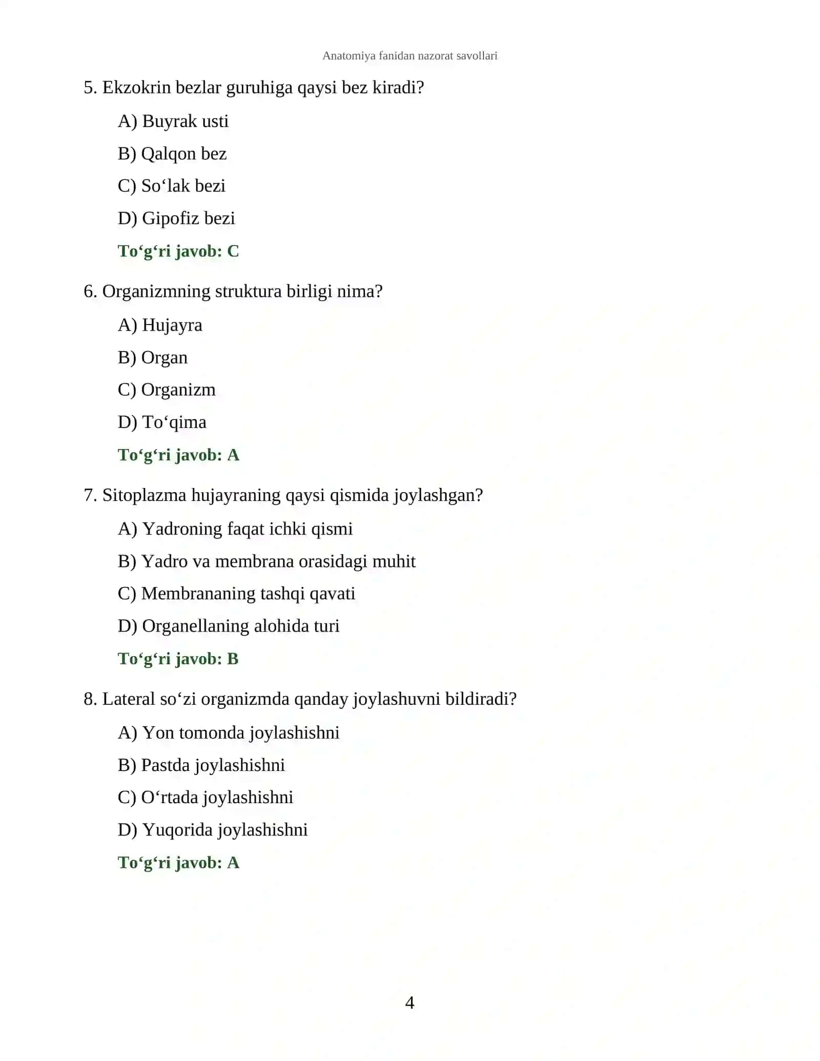 Anatomiya fanidan nazorat savollari 4