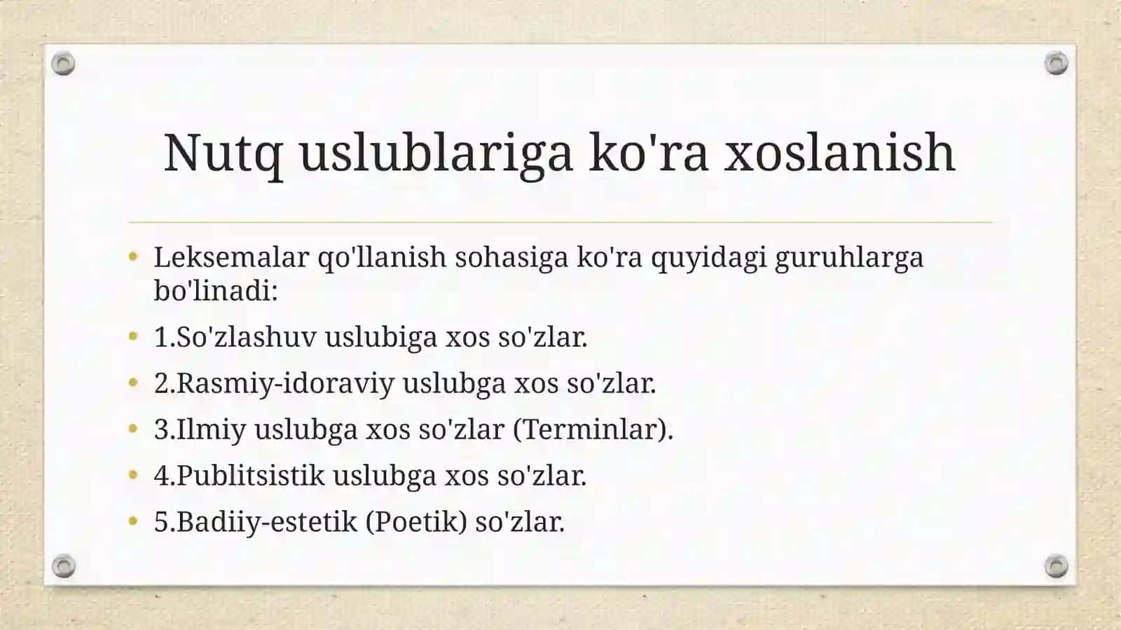 Leksemalarning nutq ko'rinishlariga xoslanishi (Leksik stilistika asoslari) 4