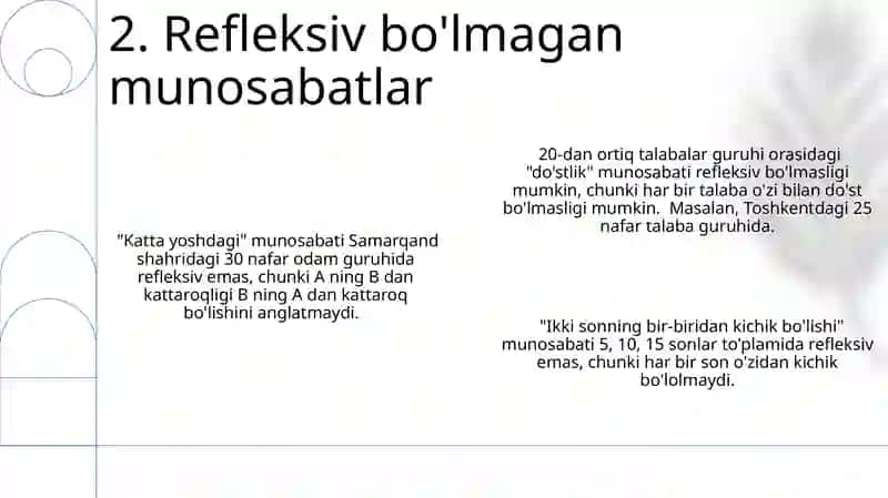 Refleksivlik, simmetriklik, tranzitivlik xossalari 4