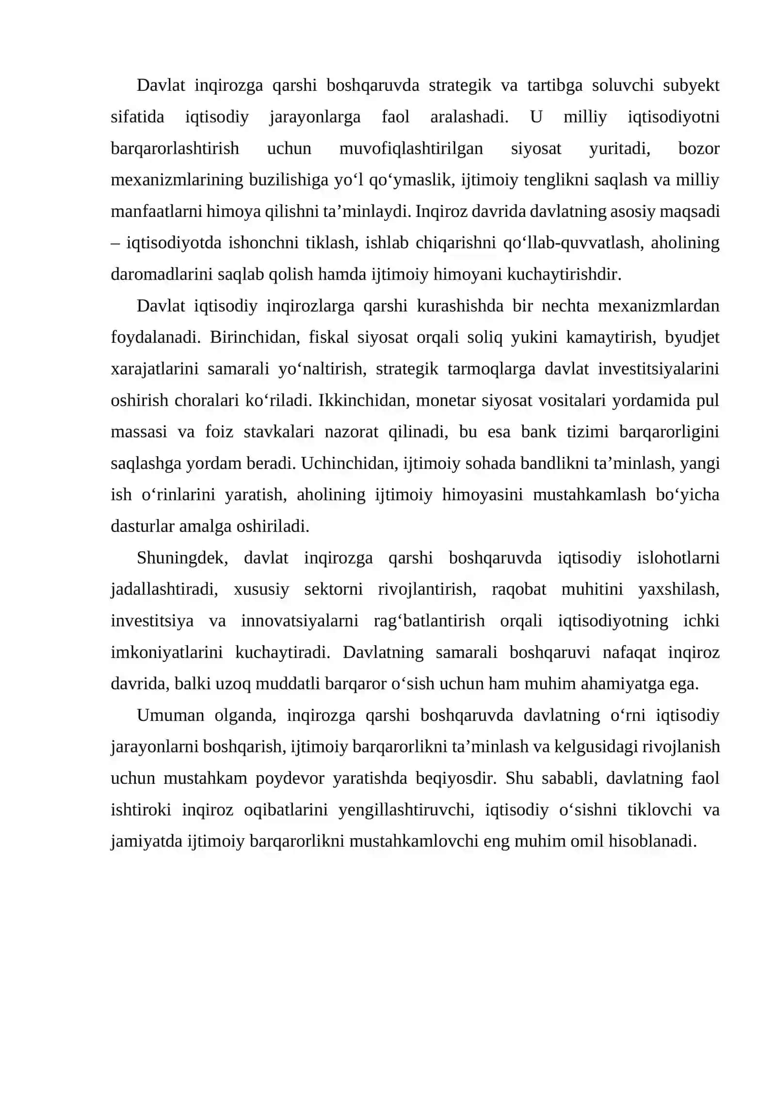 Inqirozga qarshi boshqaruvda davlatning ahamiyati va davlat tomonidan amalga oshiriladigan chora-tadbirlarni xorijiy mamlakat yoki milliy iqtisodiyot tajribasi asosida yoritish 4