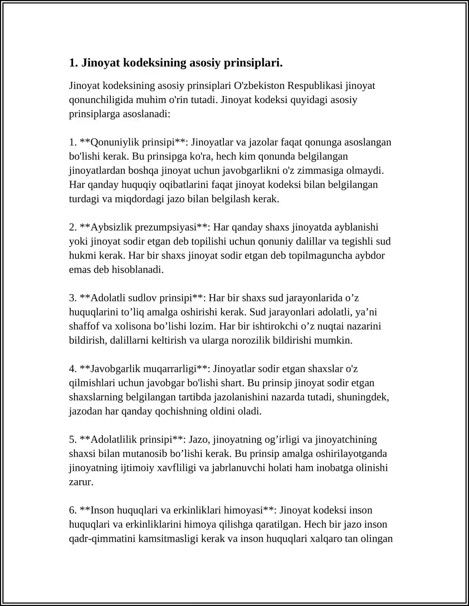 JINOYAT KODEKSNING PRINSIPLARI VA ULARNING MAZMUN-MOHIYATI. JAVOBGARLIKNING MUQARRARLIGI PRINSIPI 4