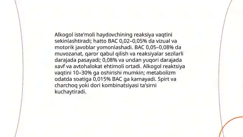 Haydovchining reaksiya vaqtiga ta’sir etuvchi omillar 4