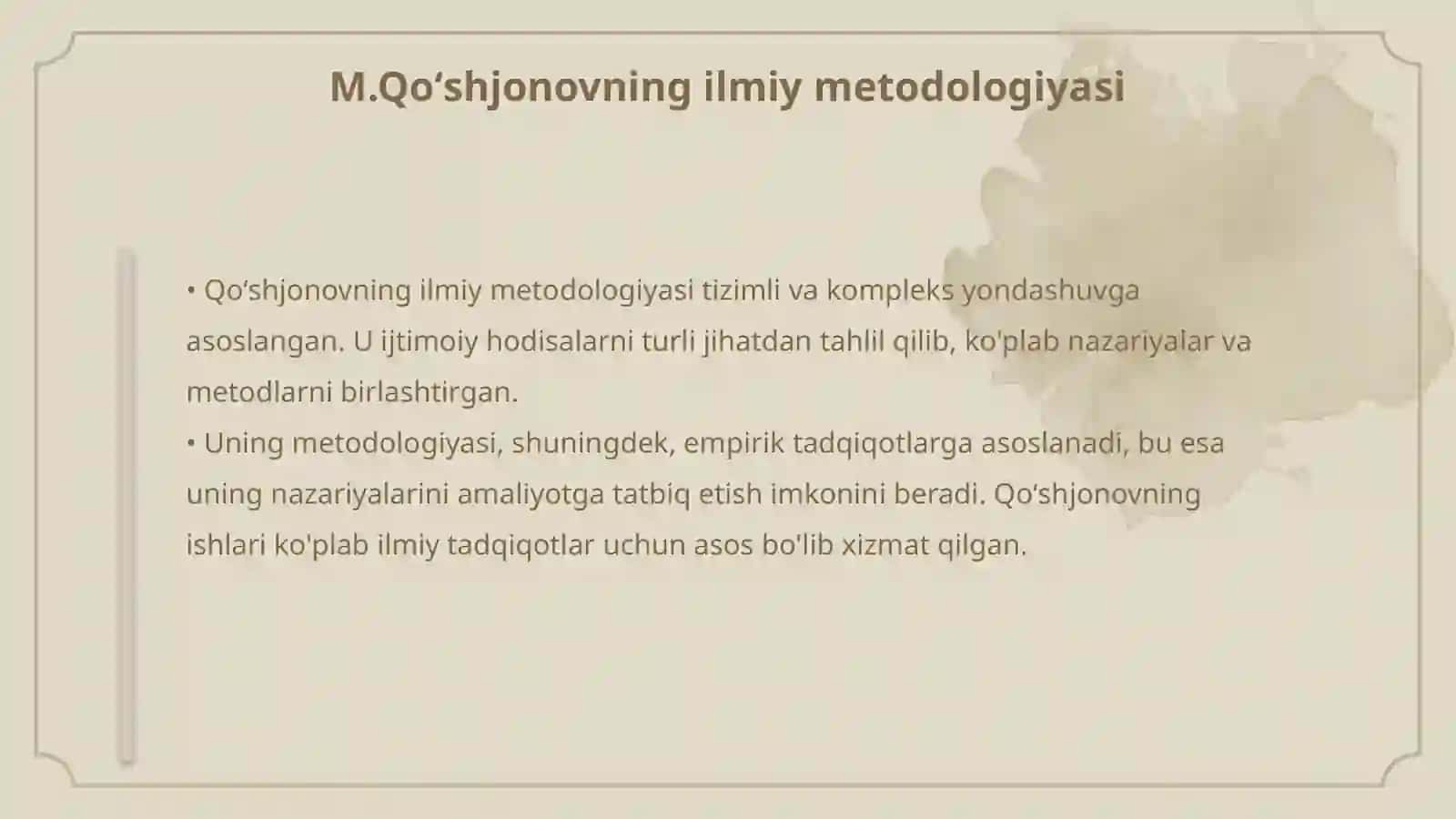 M.Qoʻshjonovning nazariy qarashlarini oʻqib oʻrganish 4