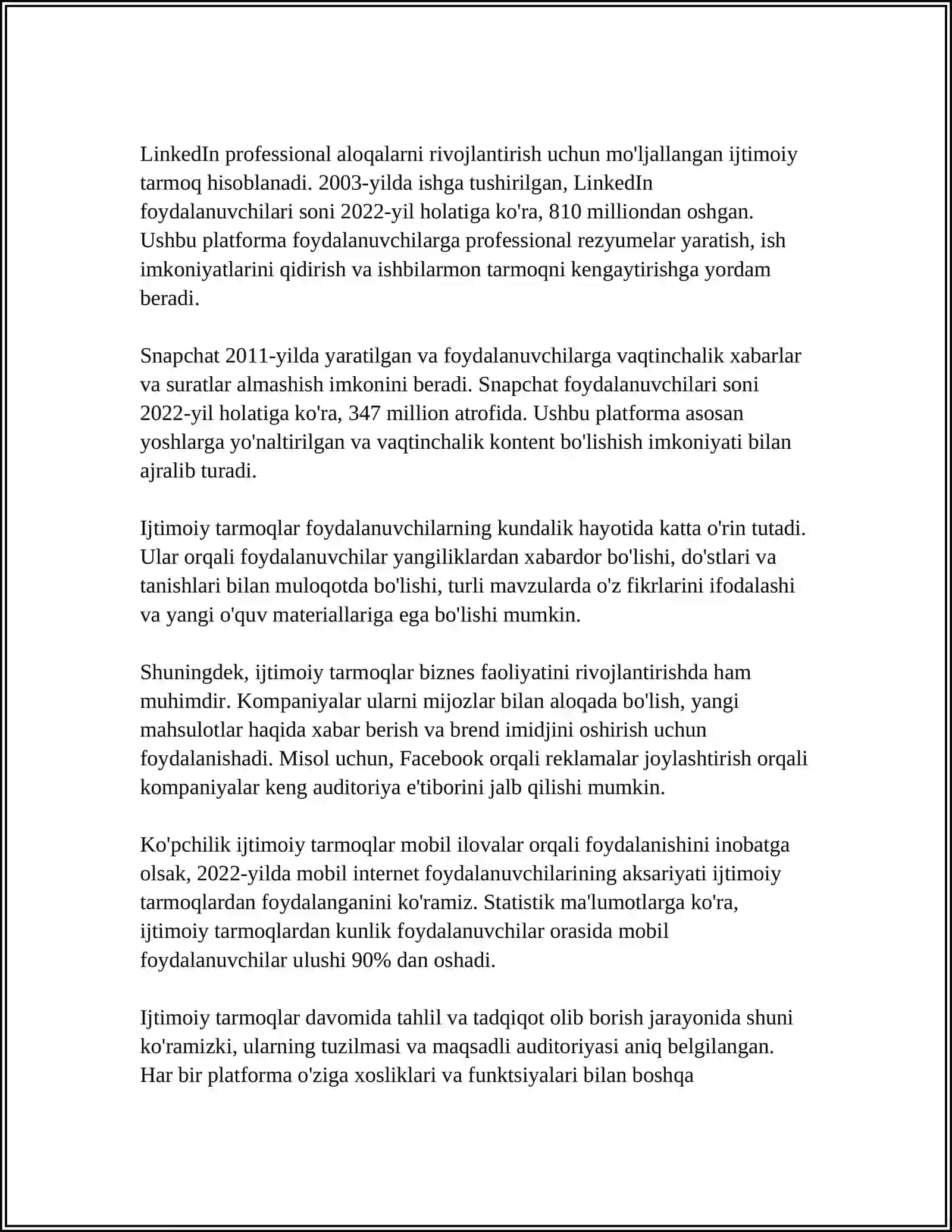 O‘ZBEKISTON RESPUBLIKASI OLIY TA’LIM FAN VA INNOVATSIYA VAZIRLIGI IJTIMOIY TARMOQ TUSHUNCHASI VA UNING AHAMIYATI MUSTAQIL ISH 4